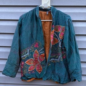Anu | 100% Silk Embroidered Floral Open Front Jacket size Small